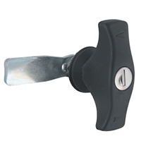 Description: Handle Lock
Material: ZDC base, handle, cylinder. Steel shaft.    
Surface: Chrome plated cylinder, power coated handle, base. Zinc plated cam.
Remark: 90 degree turn achieve open and lock. 
