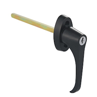 Description: Handle Lock
Material: ZDC base, handle, cylinder. Steel shaft.   
Surface: Chrome plated cylinder, power coated handle and base. Zinc plated shaft. 
Remark: 90 degree turn achieve open and lock.

